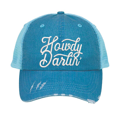 Aqua DSY Lifestyle distressed trucker hat featuring the words Howdy Darlin in bold western-style embroidery. - DSY Lifestyle