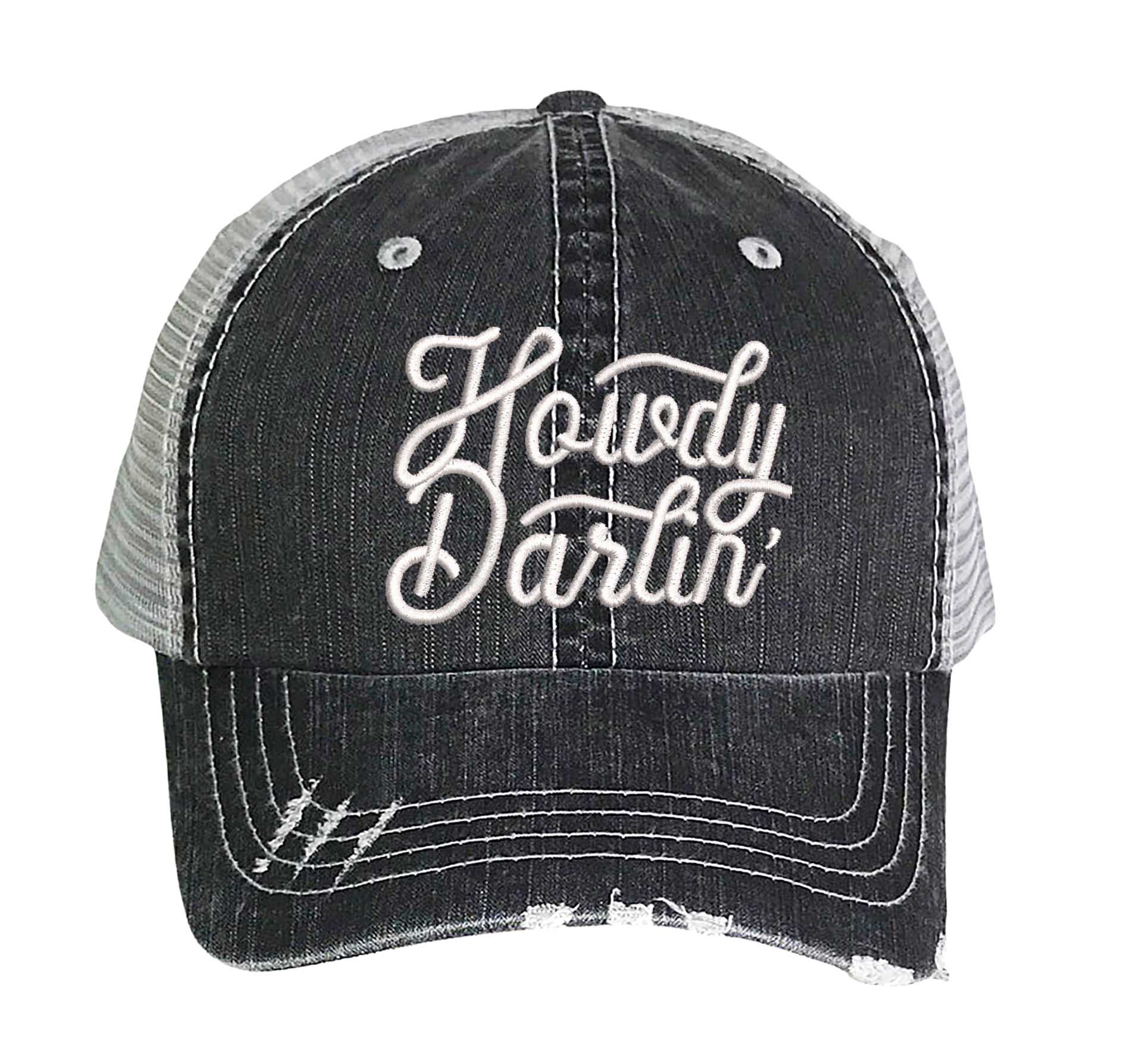 Black DSY Lifestyle distressed trucker hat featuring the words Howdy Darlin in bold western-style embroidery. - DSY Lifestyle