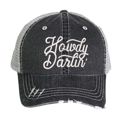 Black DSY Lifestyle distressed trucker hat featuring the words Howdy Darlin in bold western-style embroidery. - DSY Lifestyle