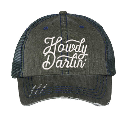 Forest Green DSY Lifestyle distressed trucker hat featuring the words Howdy Darlin in bold western-style embroidery. - DSY Lifestyle