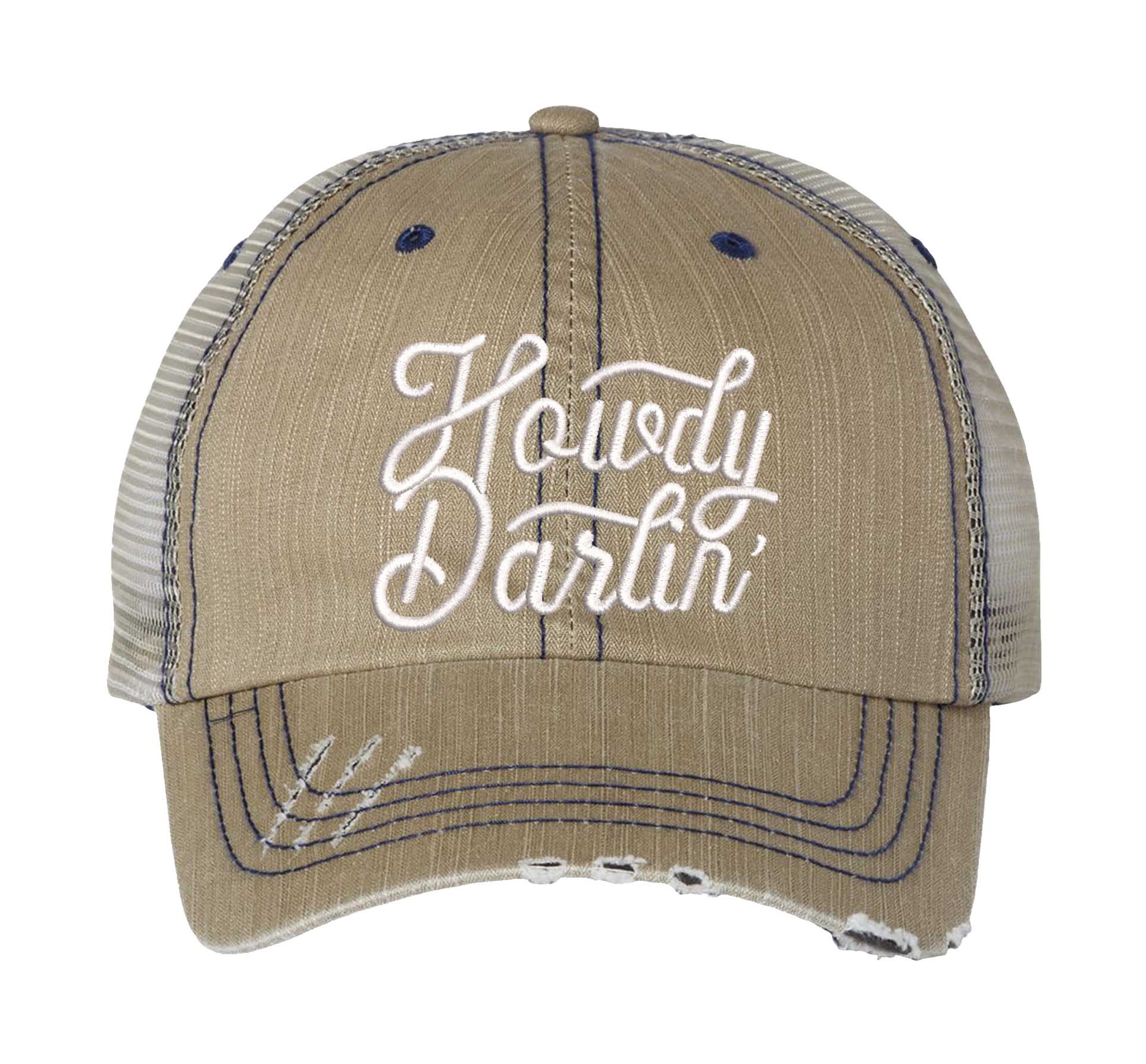 Khaki DSY Lifestyle distressed trucker hat featuring the words Howdy Darlin in bold western-style embroidery. - DSY Lifestyle
