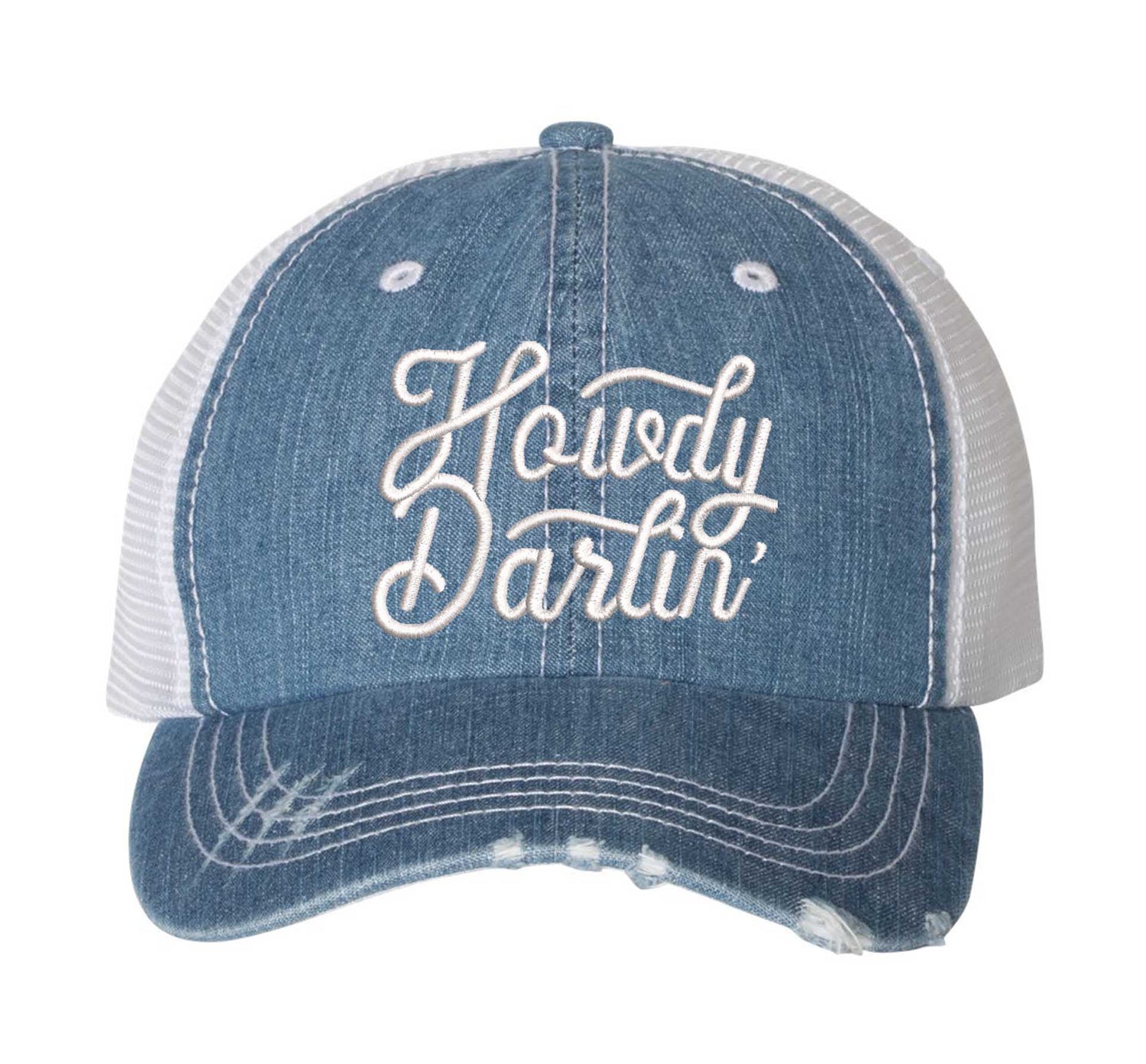Light Denim DSY Lifestyle distressed trucker hat featuring the words Howdy Darlin in bold western-style embroidery. - DSY Lifestyle