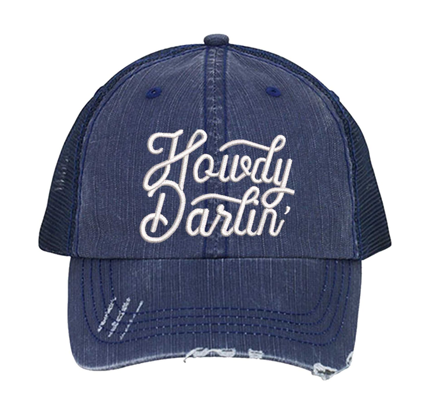 Navy DSY Lifestyle distressed trucker hat featuring the words Howdy Darlin in bold western-style embroidery. - DSY Lifestyle