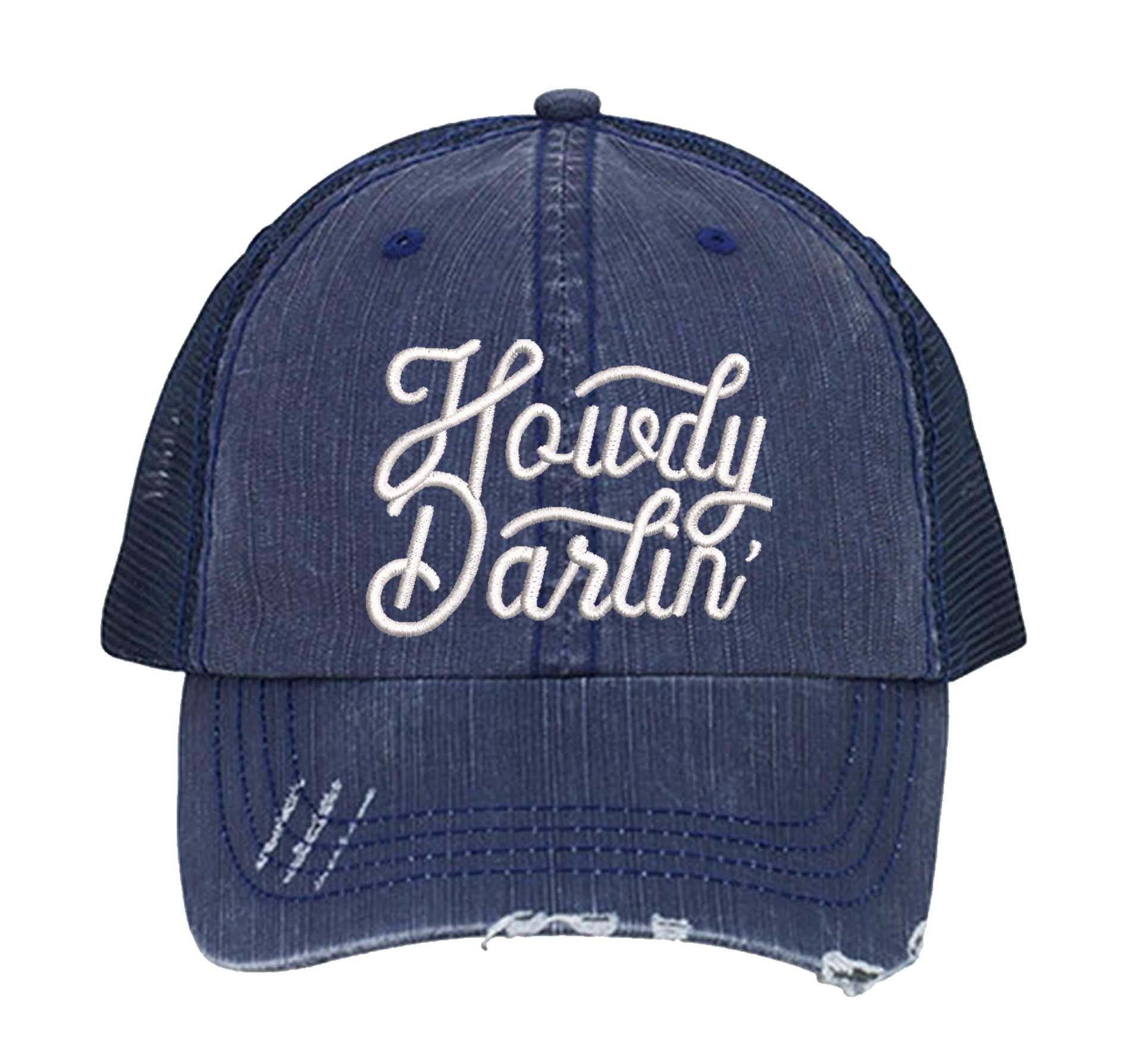 Navy DSY Lifestyle distressed trucker hat featuring the words Howdy Darlin in bold western-style embroidery. - DSY Lifestyle