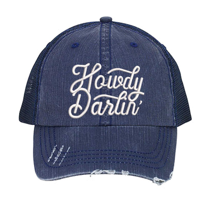 Navy DSY Lifestyle distressed trucker hat featuring the words Howdy Darlin in bold western-style embroidery. - DSY Lifestyle