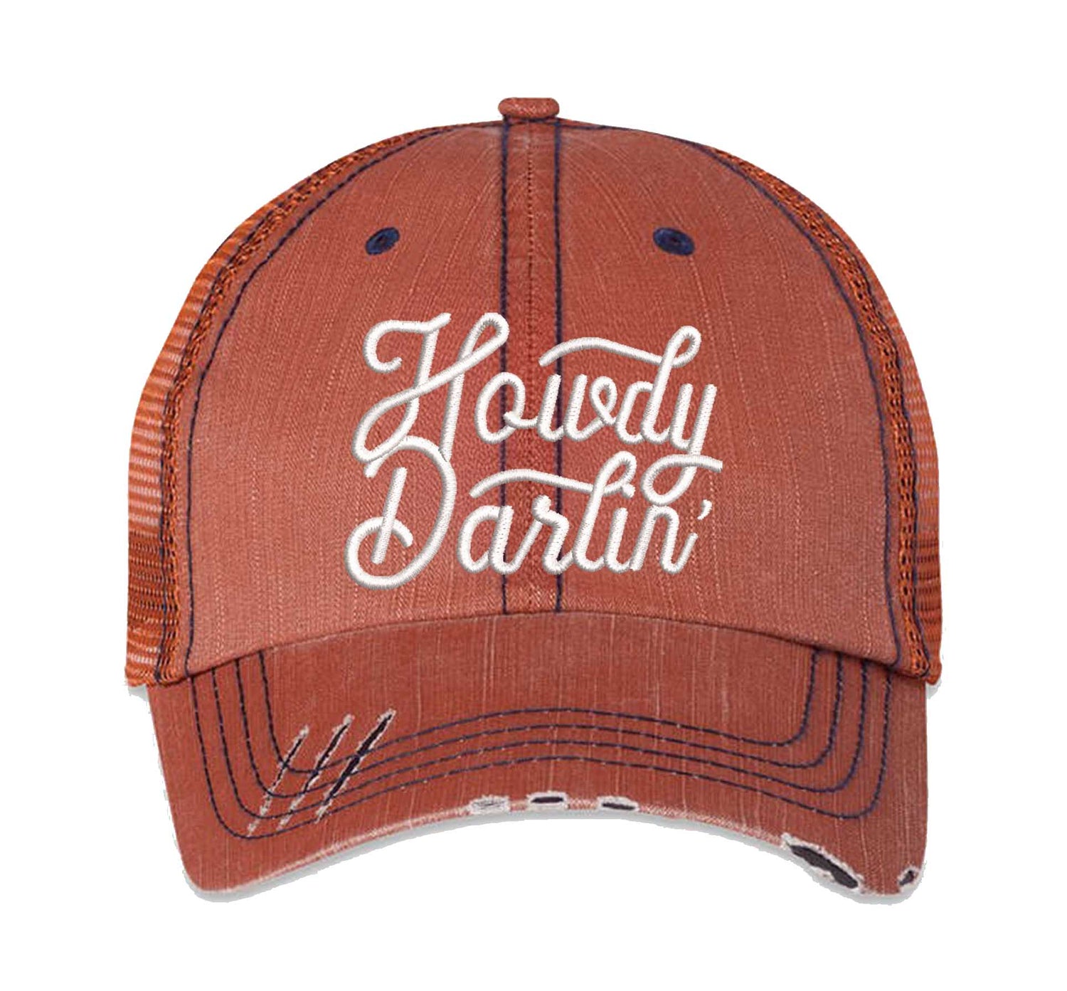 Orange DSY Lifestyle distressed trucker hat featuring the words Howdy Darlin in bold western-style embroidery. - DSY Lifestyle