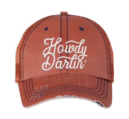 Orange DSY Lifestyle distressed trucker hat featuring the words Howdy Darlin in bold western-style embroidery. - DSY Lifestyle
