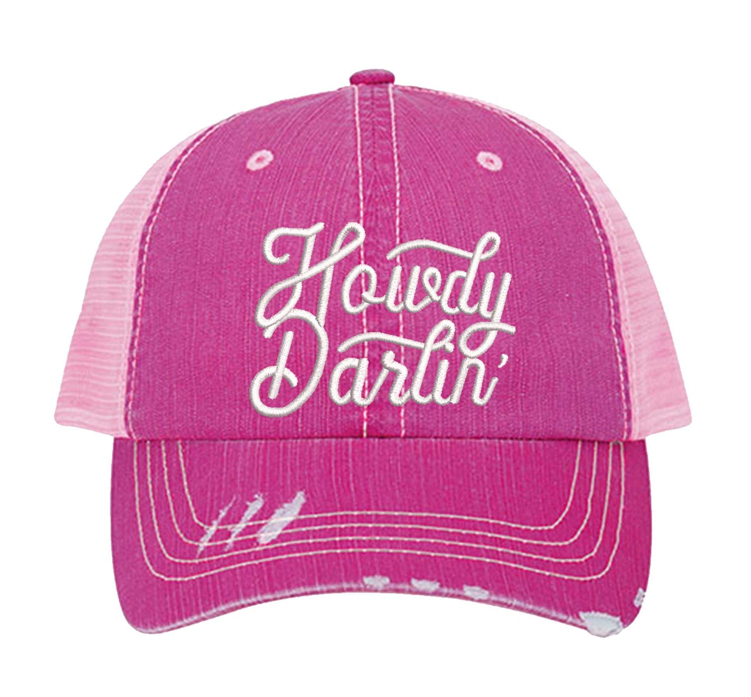 Pink DSY Lifestyle distressed trucker hat featuring the words Howdy Darlin in bold western-style embroidery. - DSY Lifestyle