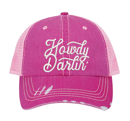 Pink DSY Lifestyle distressed trucker hat featuring the words Howdy Darlin in bold western-style embroidery. - DSY Lifestyle