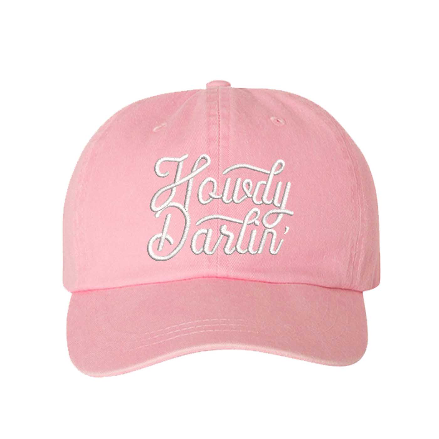 Light Pink close-up of the DSY Lifestyle washed cotton baseball hat with "Howdy Darlin’" embroidered on the front. - DSY Lifestyle