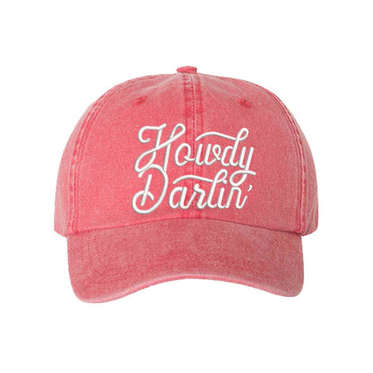 Red close-up of the DSY Lifestyle washed cotton baseball hat with "Howdy Darlin’" embroidered on the front. - DSY Lifestyle