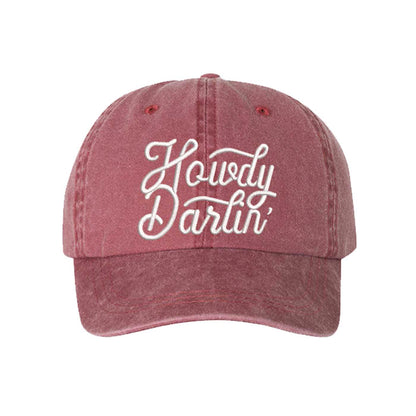 Wine close-up of the DSY Lifestyle washed cotton baseball hat with "Howdy Darlin’" embroidered on the front. - DSY Lifestyle