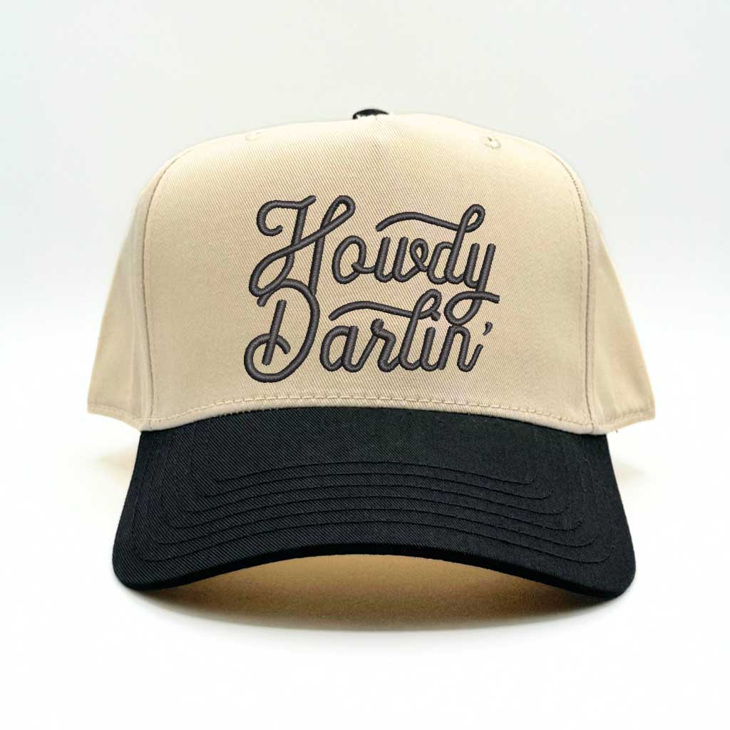 Natural 2 tone 5 panel baseball hat with pink bill and the phrase howdy darlin embroidered with black lettering-DSY Lifestyle