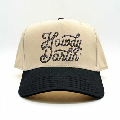 Natural 2 tone 5 panel baseball hat with pink bill and the phrase howdy darlin embroidered with black lettering-DSY Lifestyle