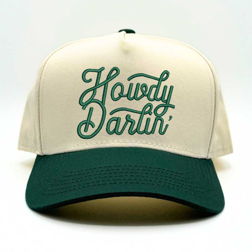 Natural 2 tone 5 panel baseball hat with pink bill and the phrase howdy darlin embroidered with forest green lettering-DSY Lifestyle