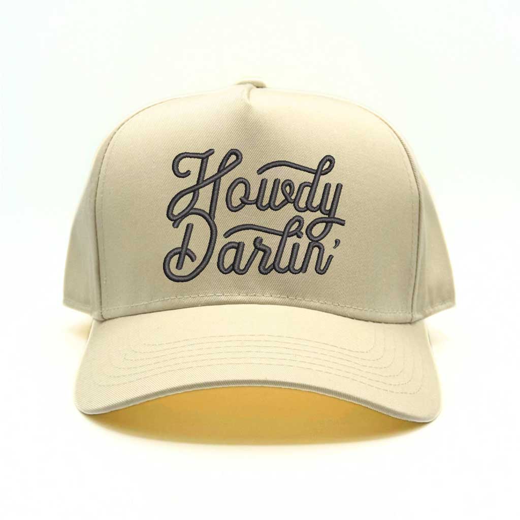 Natural 2 tone 5 panel baseball hat with Natural bill and the phrase howdy darlin embroidered with natural lettering-DSY Lifestyle