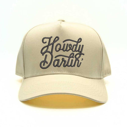 Natural 2 tone 5 panel baseball hat with Natural bill and the phrase howdy darlin embroidered with natural lettering-DSY Lifestyle