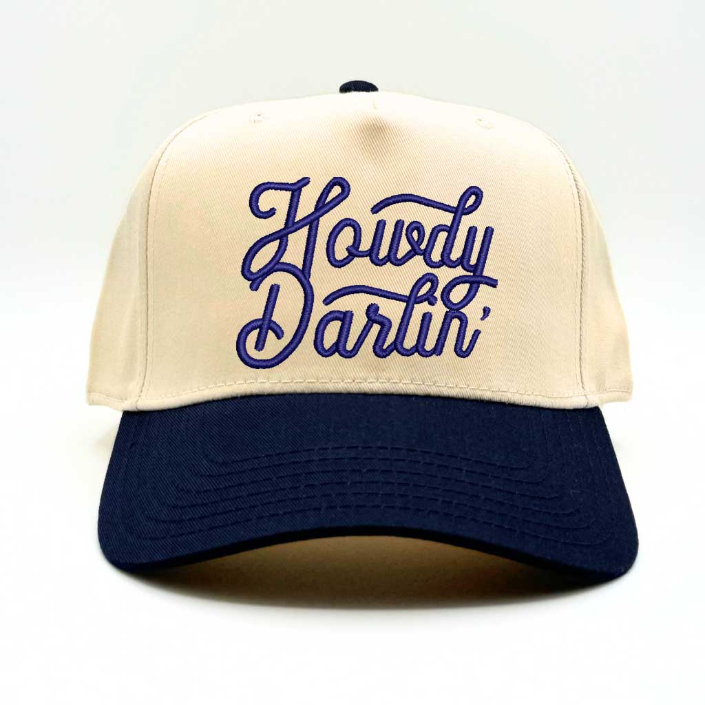 Natural 2 tone 5 panel baseball hat with Navy bill and the phrase howdy darlin embroidered with Navy lettering-DSY Lifestyle