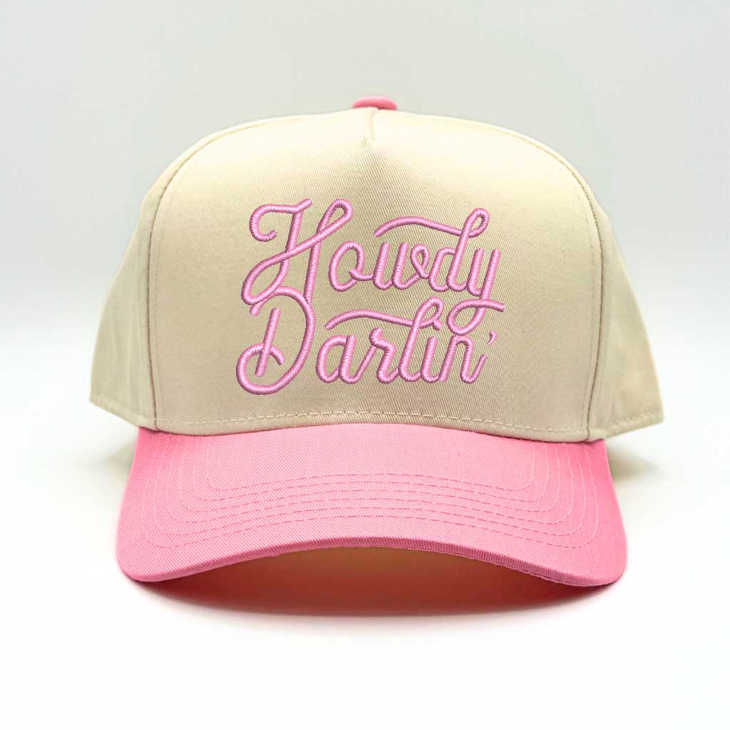 Natural 2 tone 5 panel baseball hat with pink bill and the phrase howdy darlin embroidered with pink lettering-DSY Lifestyle
