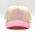 Natural 2 tone 5 panel baseball hat with pink bill and the phrase howdy darlin embroidered with pink lettering-DSY Lifestyle
