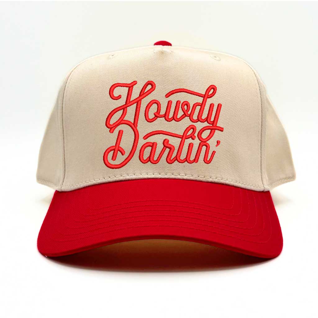 Natural 2 tone 5 panel baseball hat wit Red bill and the phrase howdy darlin embroidered with red lettering-DSY Lifestyle
