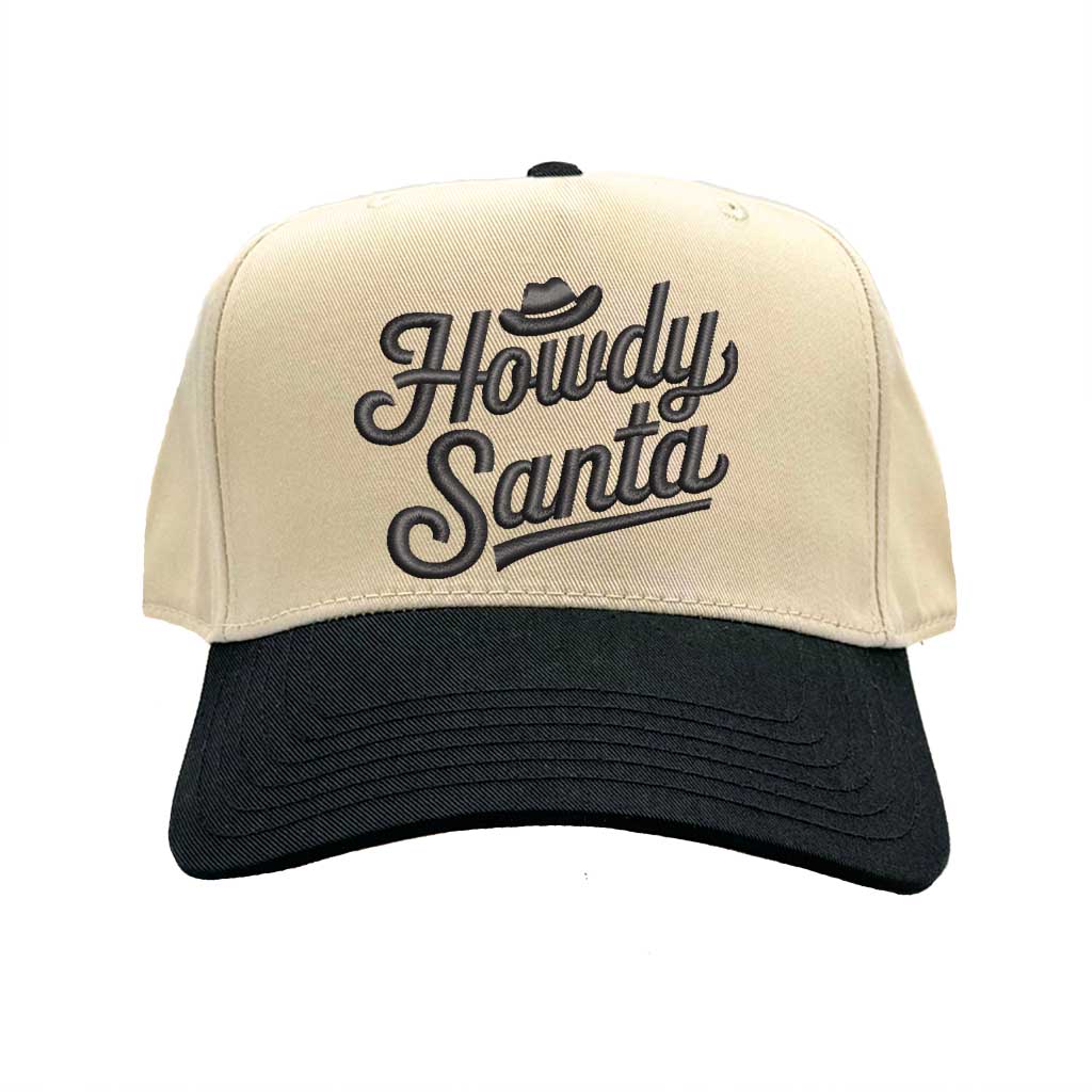 Natural Black Howdy Santa Cowboy Two Tone 5 Panel Embroidered Baseball Hat with festive western embroidery and adjustable snapback fit – DSY Lifestyle