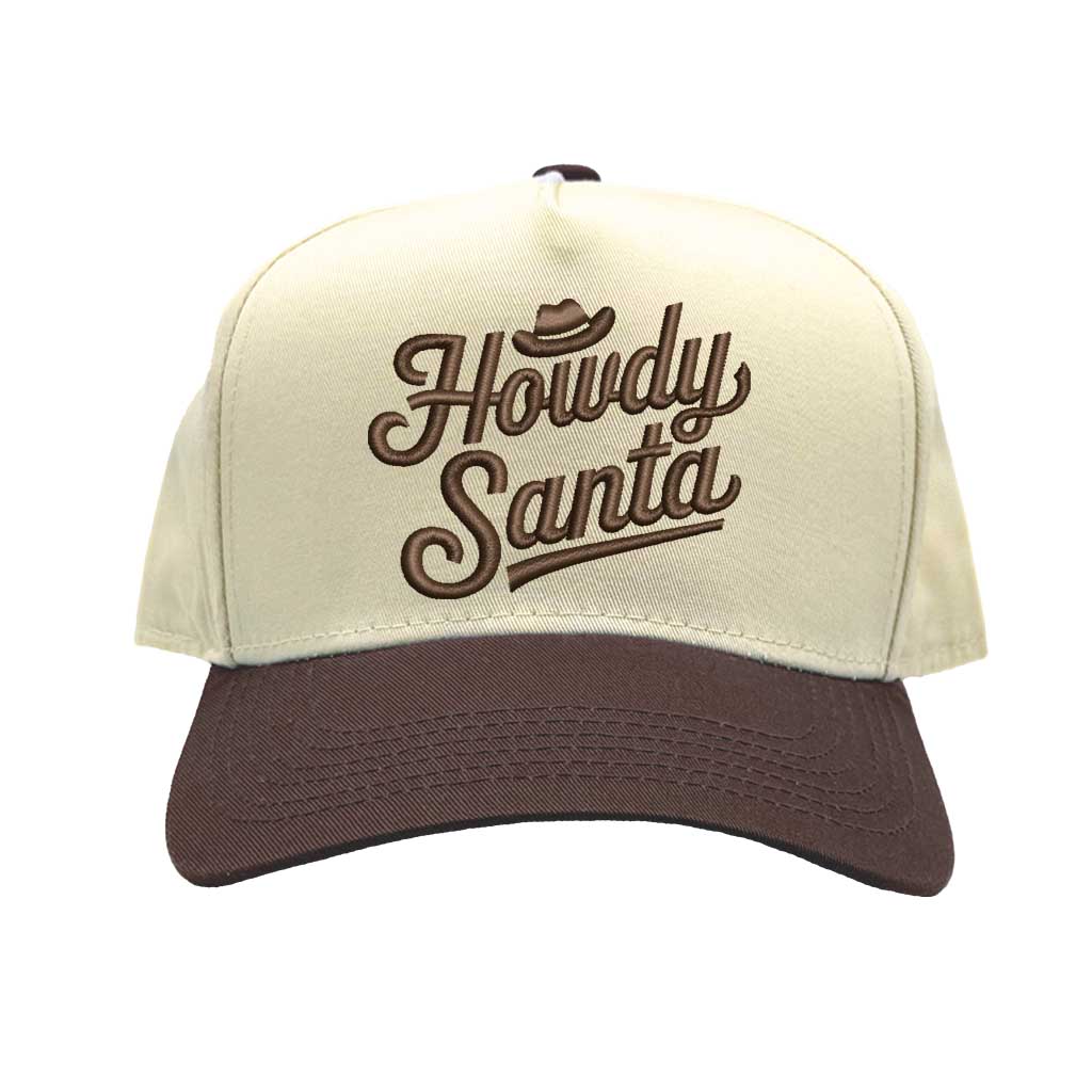 Natural Brown Howdy Santa Cowboy Two Tone 5 Panel Embroidered Baseball Hat with festive western embroidery and adjustable snapback fit – DSY Lifestyle