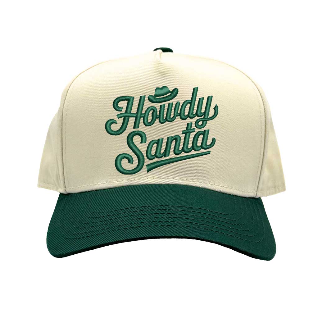 Natural Forest Green Howdy Santa Cowboy Two Tone 5 Panel Embroidered Baseball Hat with festive western embroidery and adjustable snapback fit – DSY Lifestyle
