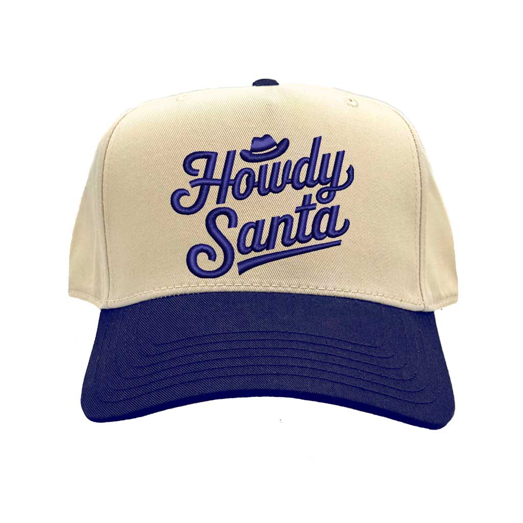 Natural Navy Blue Howdy Santa Cowboy Two Tone 5 Panel Embroidered Baseball Hat with festive western embroidery and adjustable snapback fit – DSY Lifestyle