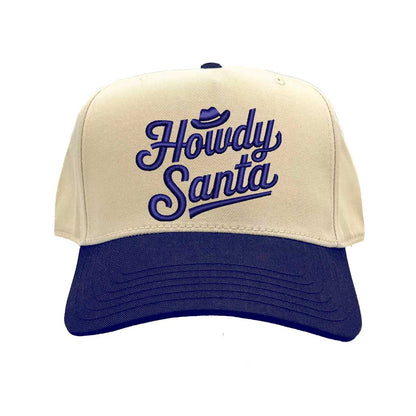 Natural Navy Blue Howdy Santa Cowboy Two Tone 5 Panel Embroidered Baseball Hat with festive western embroidery and adjustable snapback fit – DSY Lifestyle