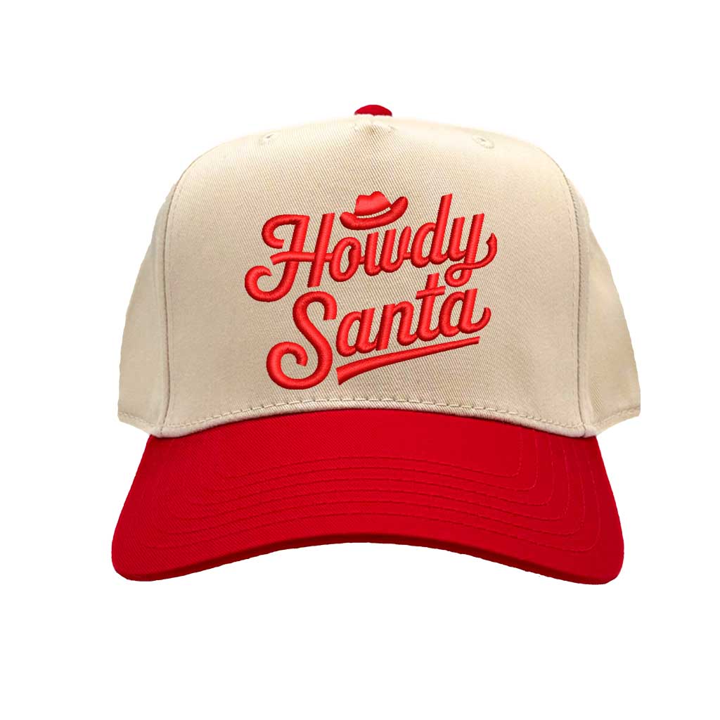 Natural Red Howdy Santa Cowboy Two Tone 5 Panel Embroidered Baseball Hat with festive western embroidery and adjustable snapback fit – DSY Lifestyle
