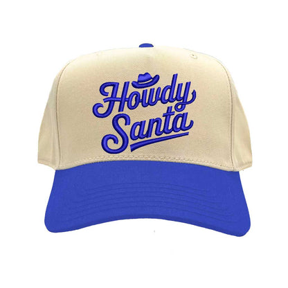 Natural Royal Blue Howdy Santa Cowboy Two Tone 5 Panel Embroidered Baseball Hat with festive western embroidery and adjustable snapback fit – DSY Lifestyle
