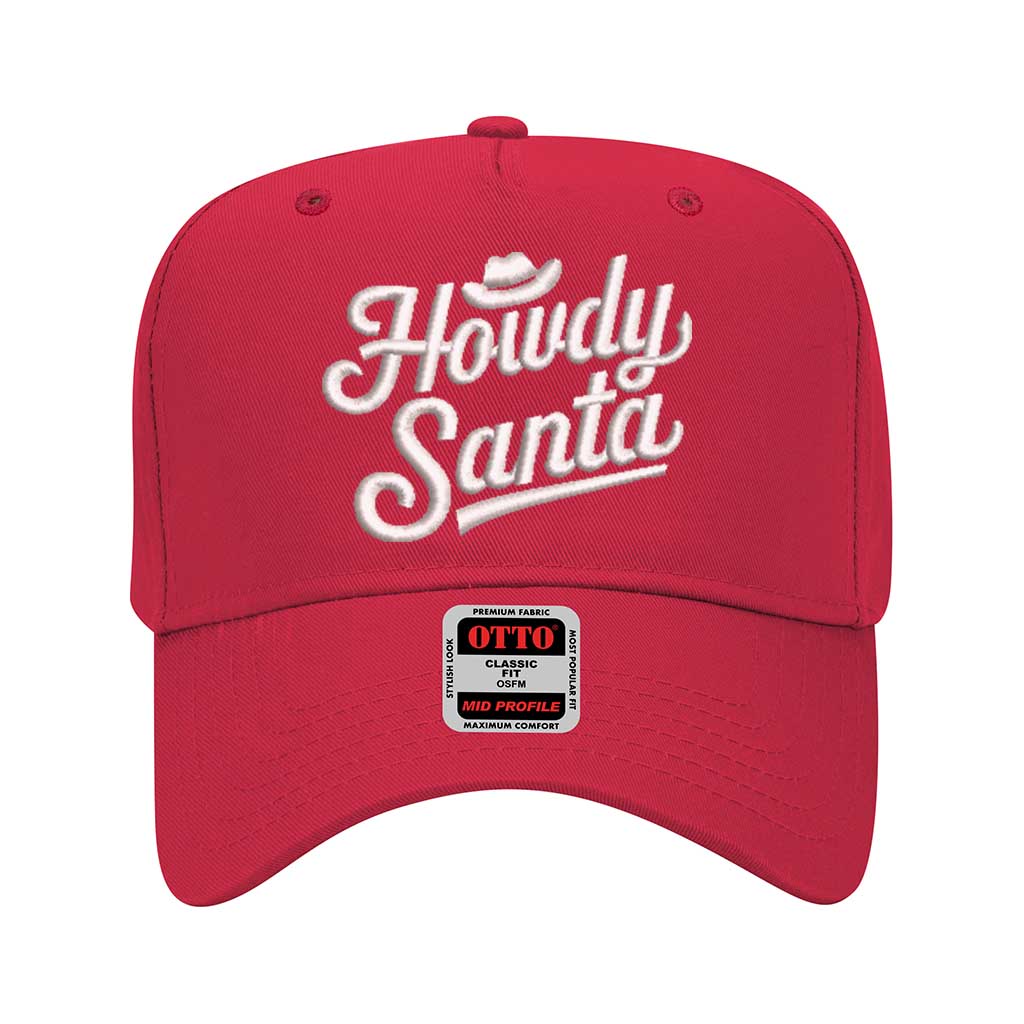 Red Howdy Santa Cowboy 5 Panel Embroidered Baseball Hat with festive western embroidery and adjustable snapback fit – DSY 