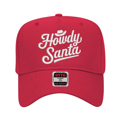 Red Howdy Santa Cowboy 5 Panel Embroidered Baseball Hat with festive western embroidery and adjustable snapback fit – DSY 