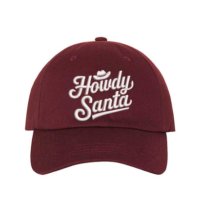 Burgundy Howdy Santa Cowboy Embroidered Baseball Hat featuring festive holiday embroidery, adjustable closure, and breathable cotton comfort – DSY Lifestyle