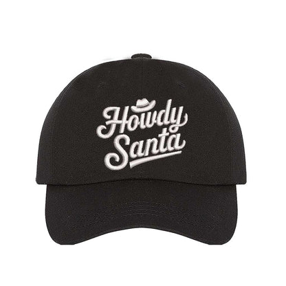 Black Howdy Santa Cowboy Embroidered Baseball Hat featuring festive holiday embroidery, adjustable closure, and breathable cotton comfort – DSY Lifestyle