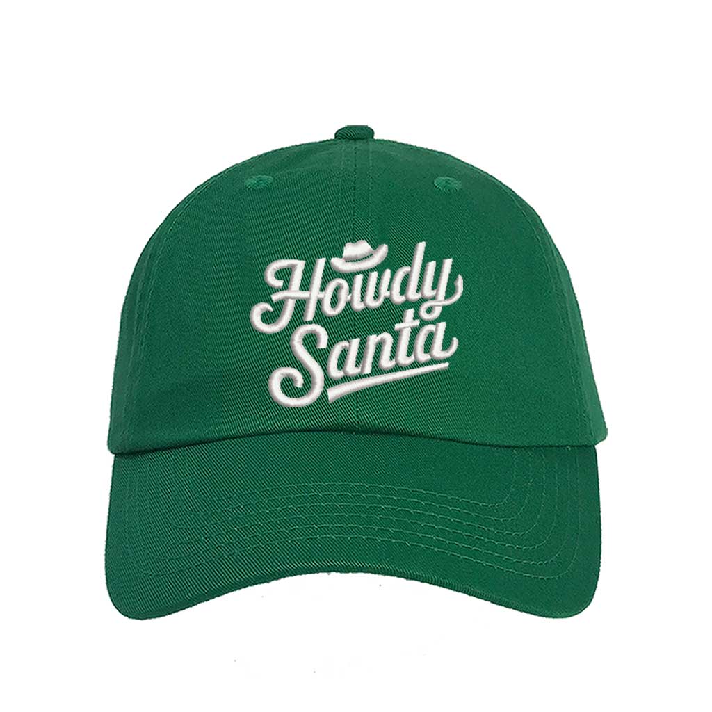 Kelly Green Howdy Santa Cowboy Embroidered Baseball Hat featuring festive holiday embroidery, adjustable closure, and breathable cotton comfort – DSY Lifestyle