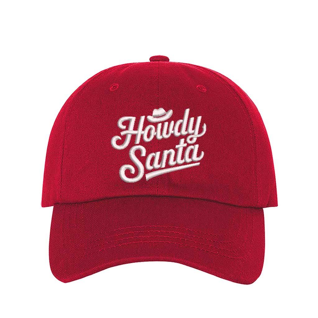 Red Howdy Santa Cowboy Embroidered Baseball Hat featuring festive holiday embroidery, adjustable closure, and breathable cotton comfort – DSY Lifestyle