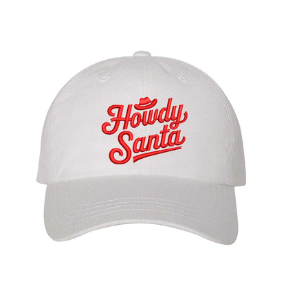 White Howdy Santa Cowboy Embroidered Baseball Hat featuring festive holiday embroidery, adjustable closure, and breathable cotton comfort – DSY Lifestyle