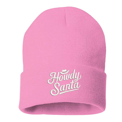 Light Pink Howdy Santa Embroidered Beanie Cap featuring festive southern-style embroidery on a cozy knit design – DSY Lifestyle