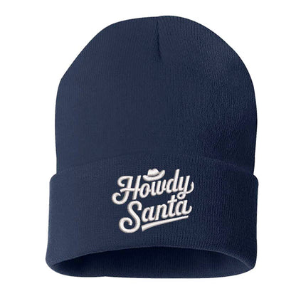 Navy Blue Howdy Santa Embroidered Beanie Cap featuring festive southern-style embroidery on a cozy knit design – DSY Lifestyle