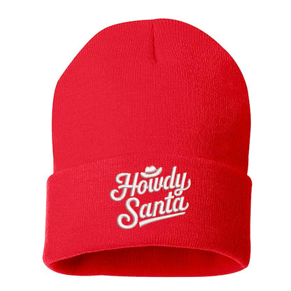 Red Howdy Santa Embroidered Beanie Cap featuring festive southern-style embroidery on a cozy knit design – DSY Lifestyle
