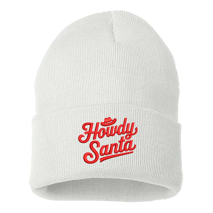 White with red thread Howdy Santa Embroidered Beanie Cap featuring festive southern-style embroidery on a cozy knit design – DSY Lifestyle