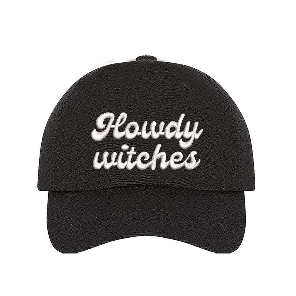 Black Howdy Witches Embroidered Baseball Hat featuring premium embroidery and adjustable hook and loop closure, perfect for Halloween and fall outfits - DSY Lifestyle
