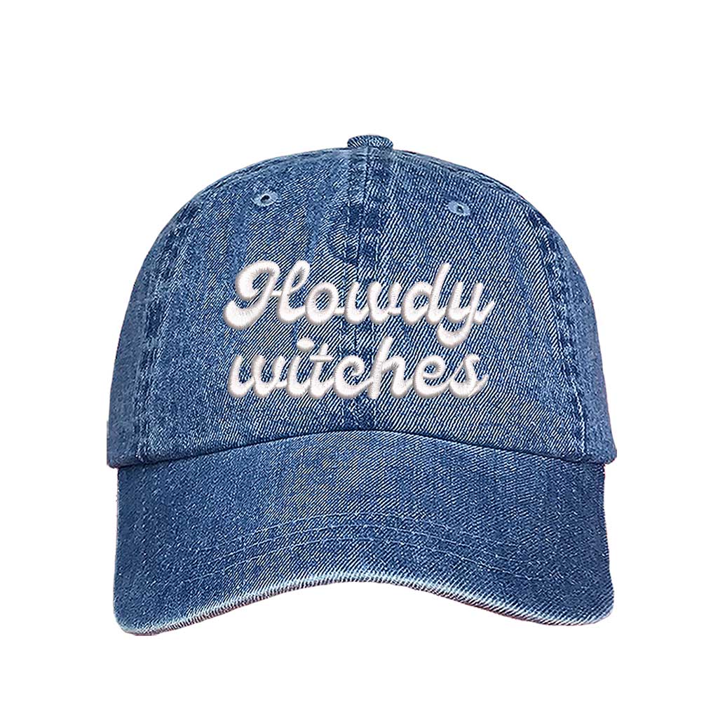 Light Denim Howdy Witches Embroidered Baseball Hat featuring premium embroidery and adjustable hook and loop closure, perfect for Halloween and fall outfits - DSY Lifestyle