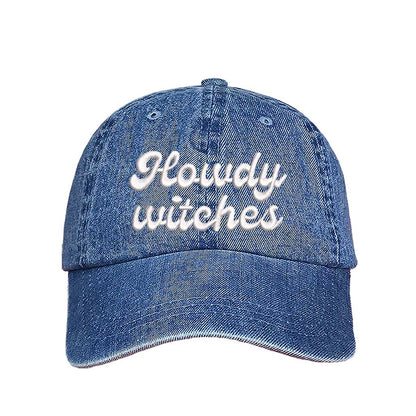 Light Denim Howdy Witches Embroidered Baseball Hat featuring premium embroidery and adjustable hook and loop closure, perfect for Halloween and fall outfits - DSY Lifestyle