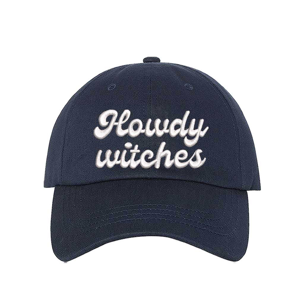 Navy Blue Howdy Witches Embroidered Baseball Hat featuring premium embroidery and adjustable hook and loop closure, perfect for Halloween and fall outfits - DSY Lifestyle