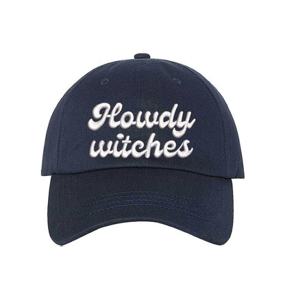 Navy Blue Howdy Witches Embroidered Baseball Hat featuring premium embroidery and adjustable hook and loop closure, perfect for Halloween and fall outfits - DSY Lifestyle