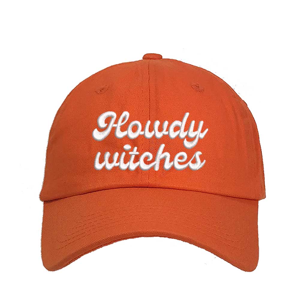 Orange Howdy Witches Embroidered Baseball Hat featuring premium embroidery and adjustable hook and loop closure, perfect for Halloween and fall outfits - DSY Lifestyle