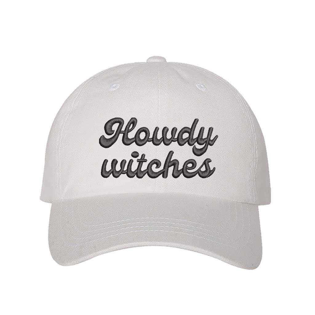 White  Howdy Witches Embroidered Baseball Hat featuring premium embroidery and adjustable hook and loop closure, perfect for Halloween and fall outfits - DSY Lifestyle